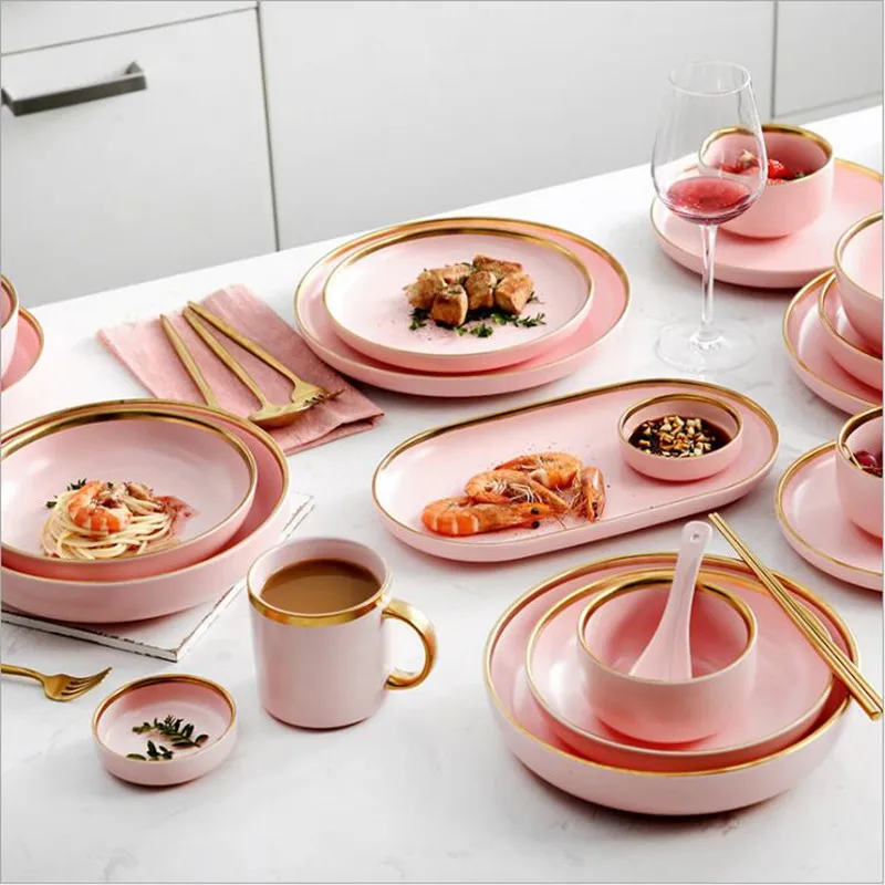 

Gilt Rim Pink Porcelain Dinner Plate Set Kitchen Plate Ceramic Tableware Food Dishes Rice Salad Noodles Bowl Mug Cutlery Set 1pc