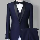 Мужские костюмы темно-синего цвета, Свадебный костюм для жениха, Лучший человек, шаль, отворот, официальный ужин, выпускной, индивидуальный пошив, 3 предмета (пиджак, брюки и жилет) N8