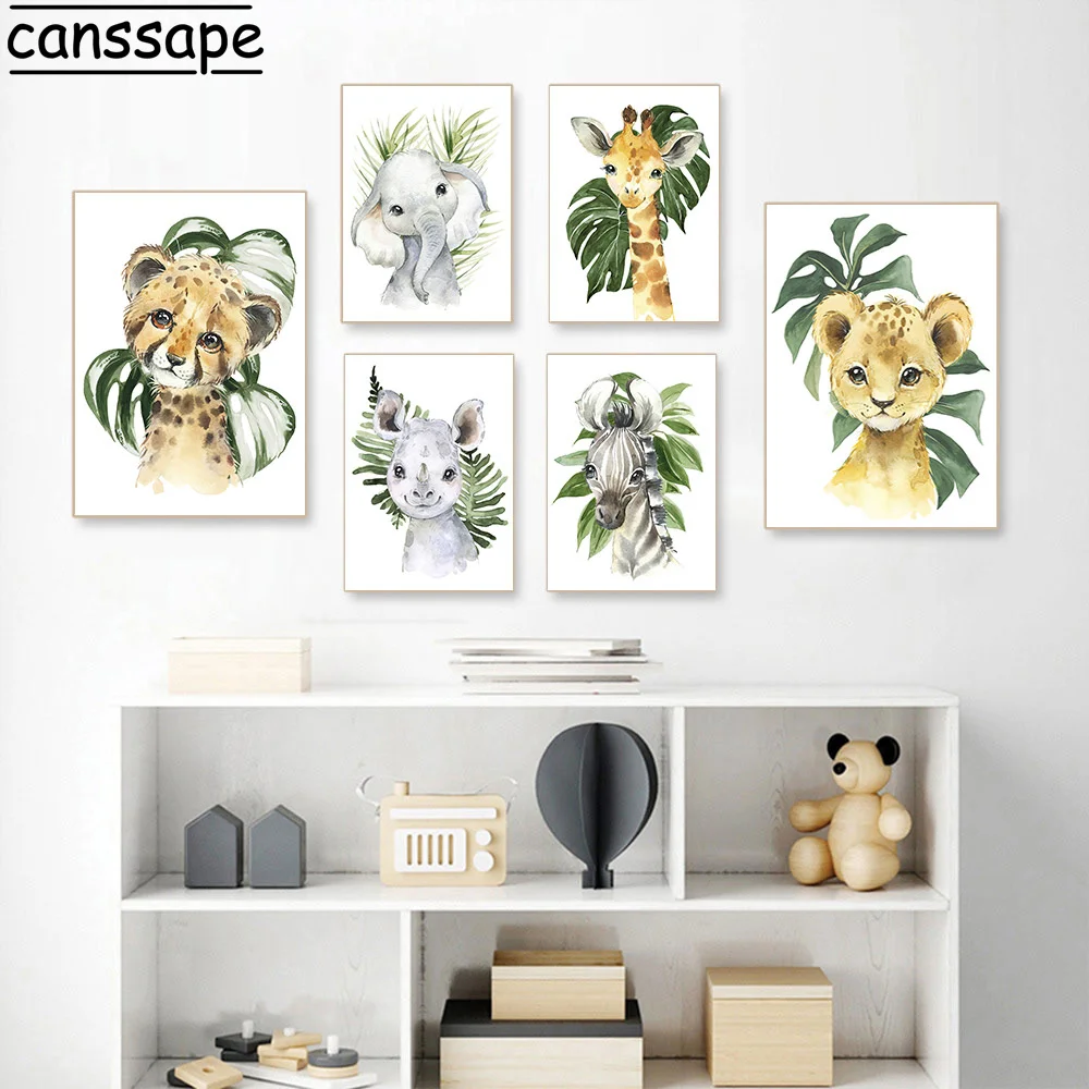 

Настенная картина для детской комнаты, постер на холсте с изображением зебры, жирафа, леопарда, слона, тигра, Льва, Рино, украшение для детско...