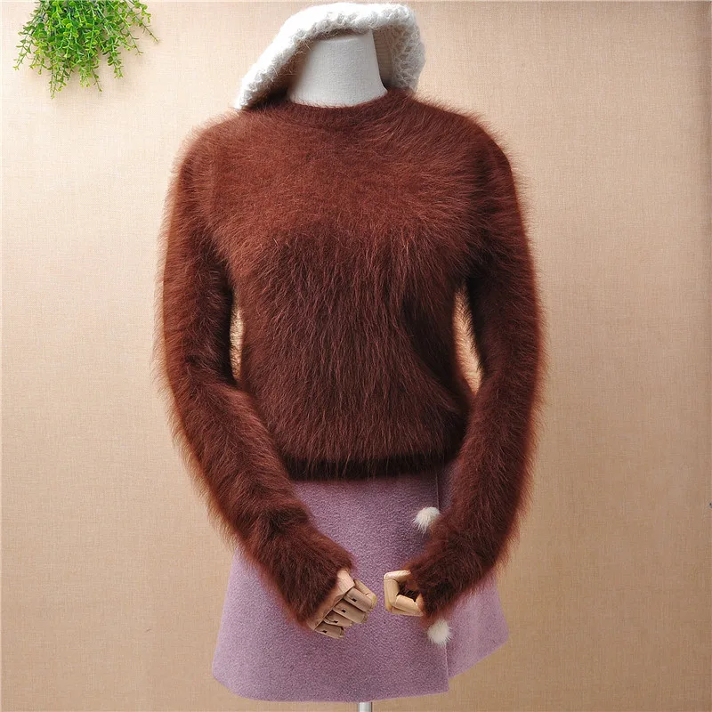ladies women fashion hairy fluffy mink cashmere o-neck slim bottoming pullover angora rabbit fur knitted winter jumper sweater | Женская