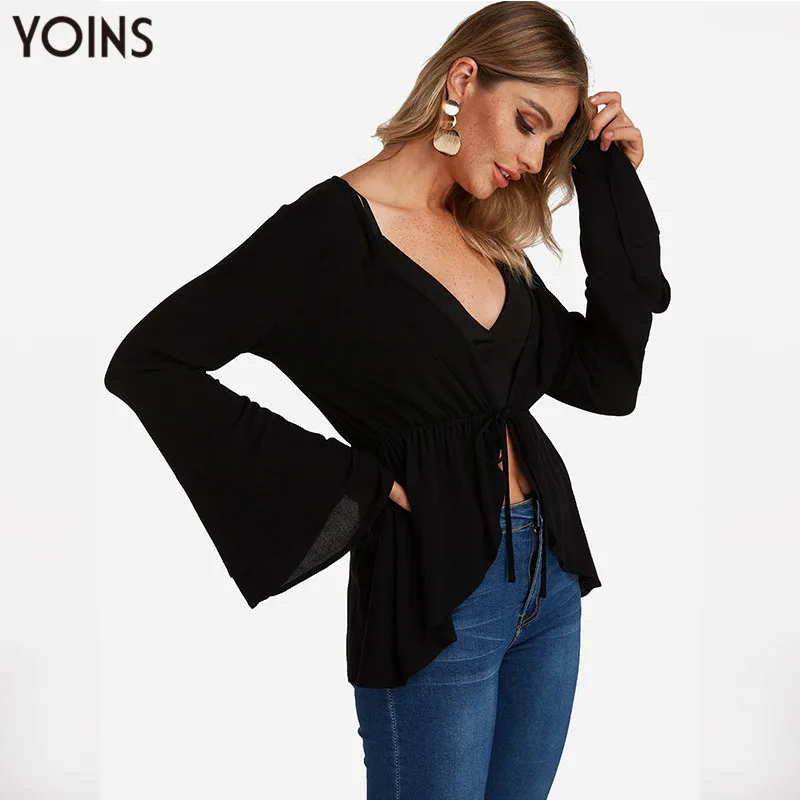 YONIS 2019 весна осень зима женские свитера черные с завязками