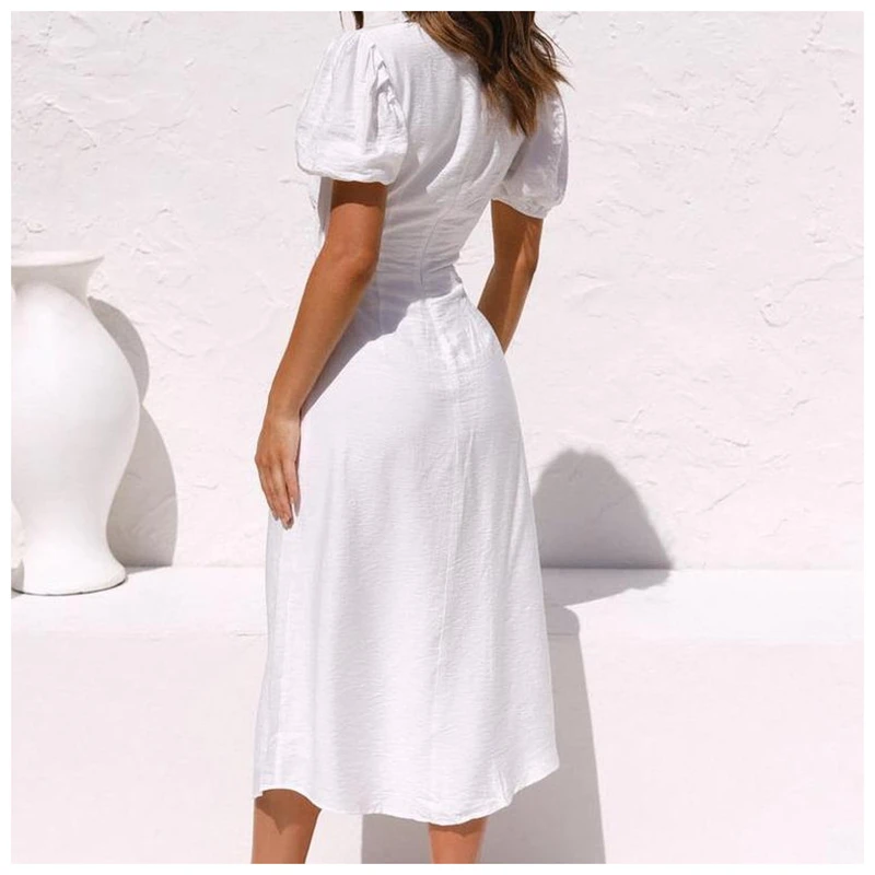 

2021 New Summer Women's Dress Suits Female Sexy Navel Elegant Maxi Dresses Goddess Solid Lattice Puff Sleeve Buttoned Skirts