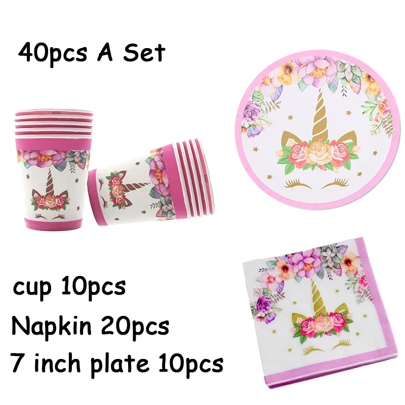 40pcs A Set Единорог День рождения украшения Дети розовый Радуга баннер Единорог тарелка воздушные шары салфетка обертка девочка с днем рождения Декор - Цвет: 40pcs A Set