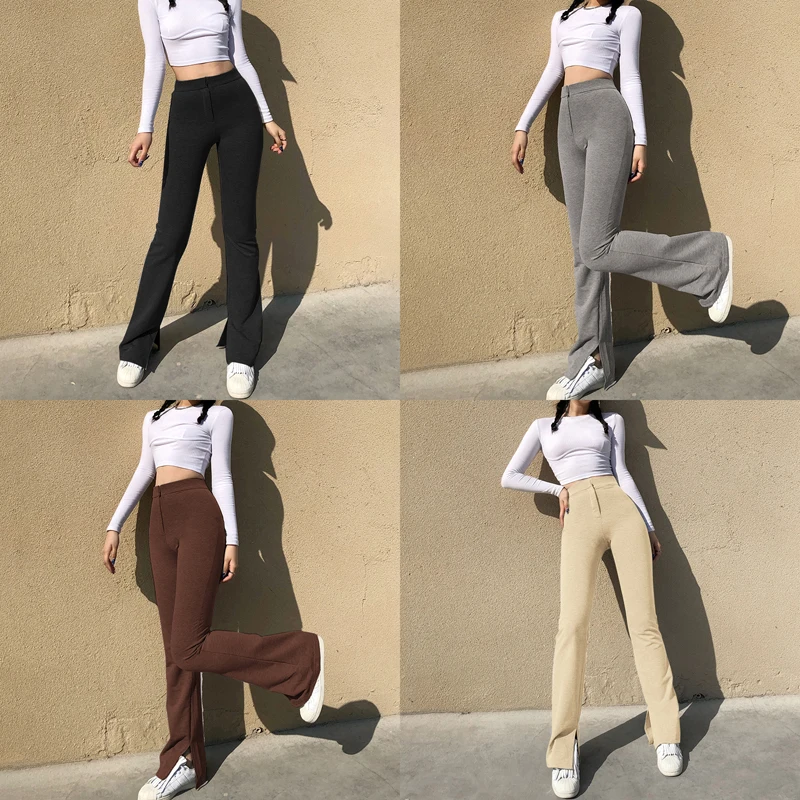 

Kayotuas Women Flare Pants Vintage Brown High Waist Slim Fit Long Trousers 90s Aesthetic Zip Skinny Sexy Hot Clothes Streetwear
