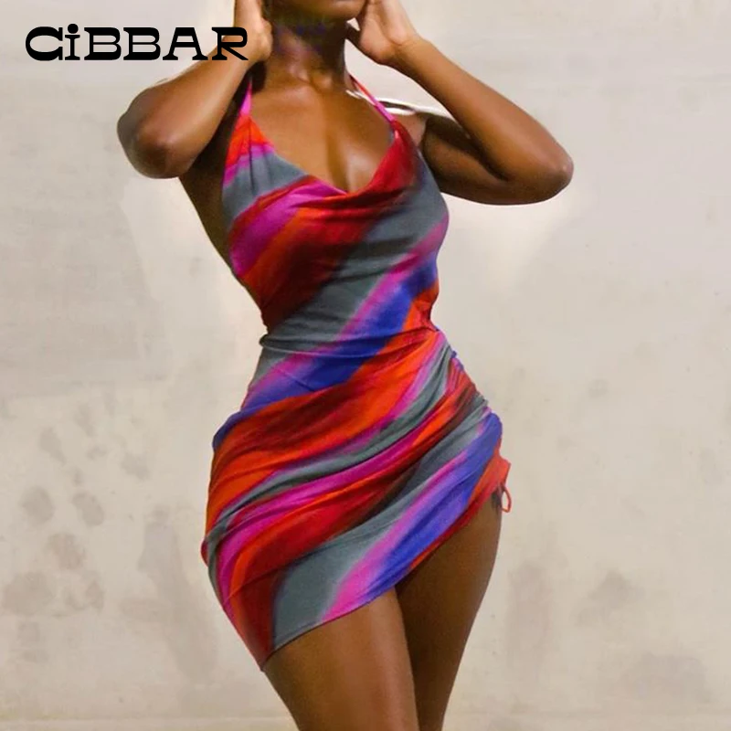 

CIBBAR Sexy Halter Drawstring Mini Dress Women Vacation Outfit Backless Bodycon Summer Dresses Sleeveless Fashion Party Clubwear