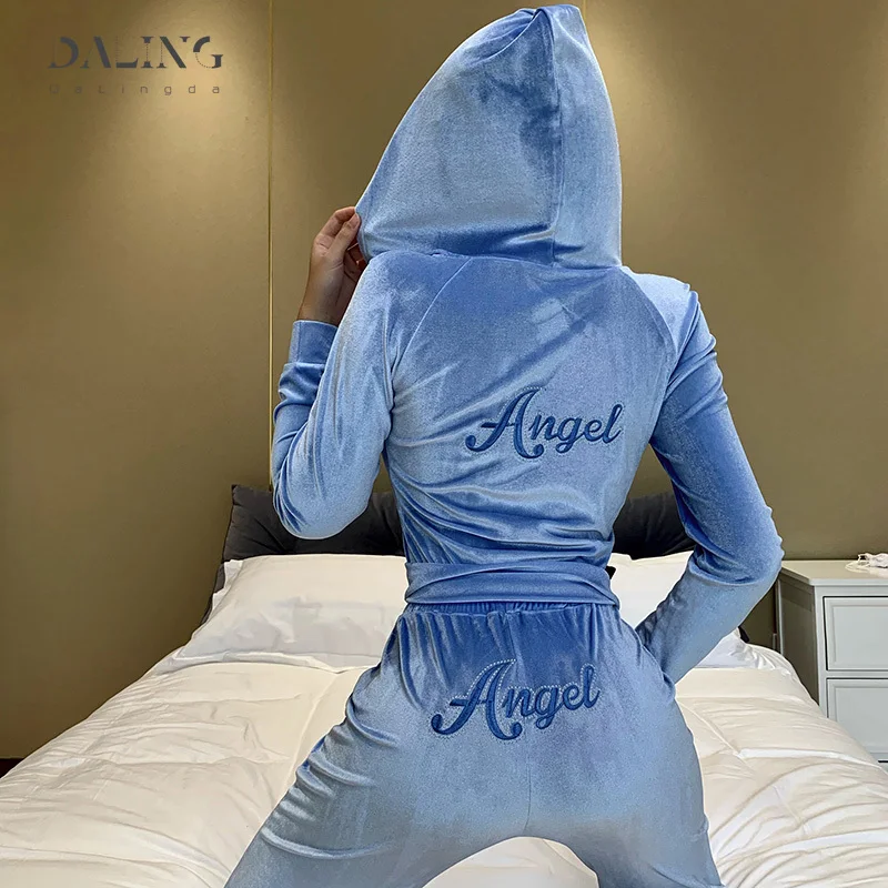 

Letter Print Hooded Jackets Two Piece Set Women Long Sleeve Top And Loose Pants Tracksuits Women Casual Autumn Sweatsuit Sets