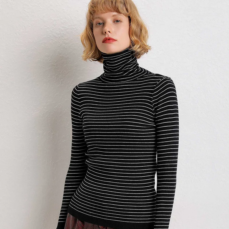 

Sherhure 2020 White Knitted Striped Long Sleeve Turtleneck Women Slim Sweater And Pullovers Pull Femme Tricot