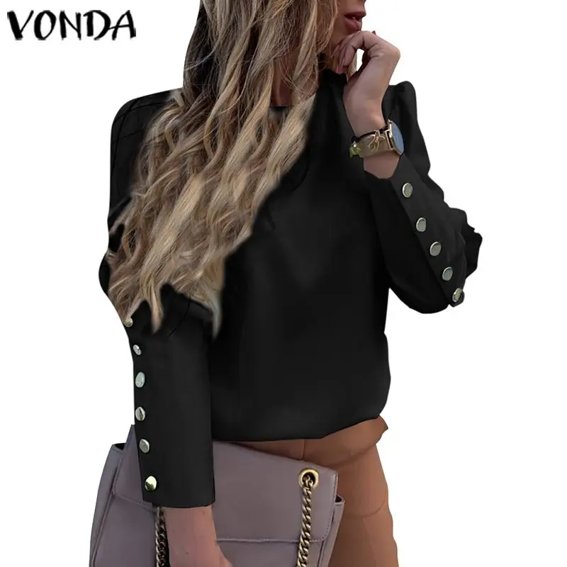VONDA, Офисная Женская блузка на пуговицах сзади, женские рубашки, Сексуальные вечерние топы, осень, богемная туника, повседневные свободные блузы размера плюс - Цвет: Черный