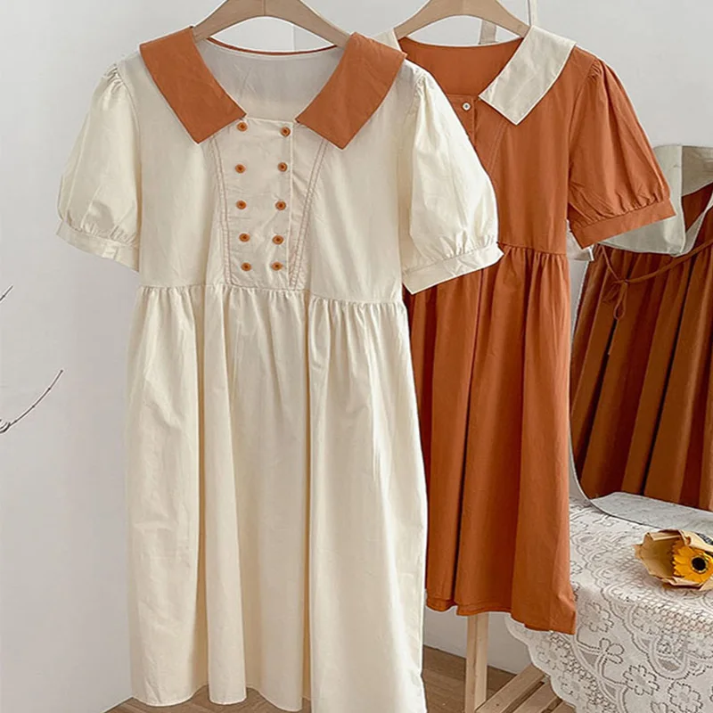 

EBAIHUI Dresses Woman Summer 2021 Vintage Double-breasted Puff Sleeve Dress Long Female Elegant Solid Color Korean Vestidos