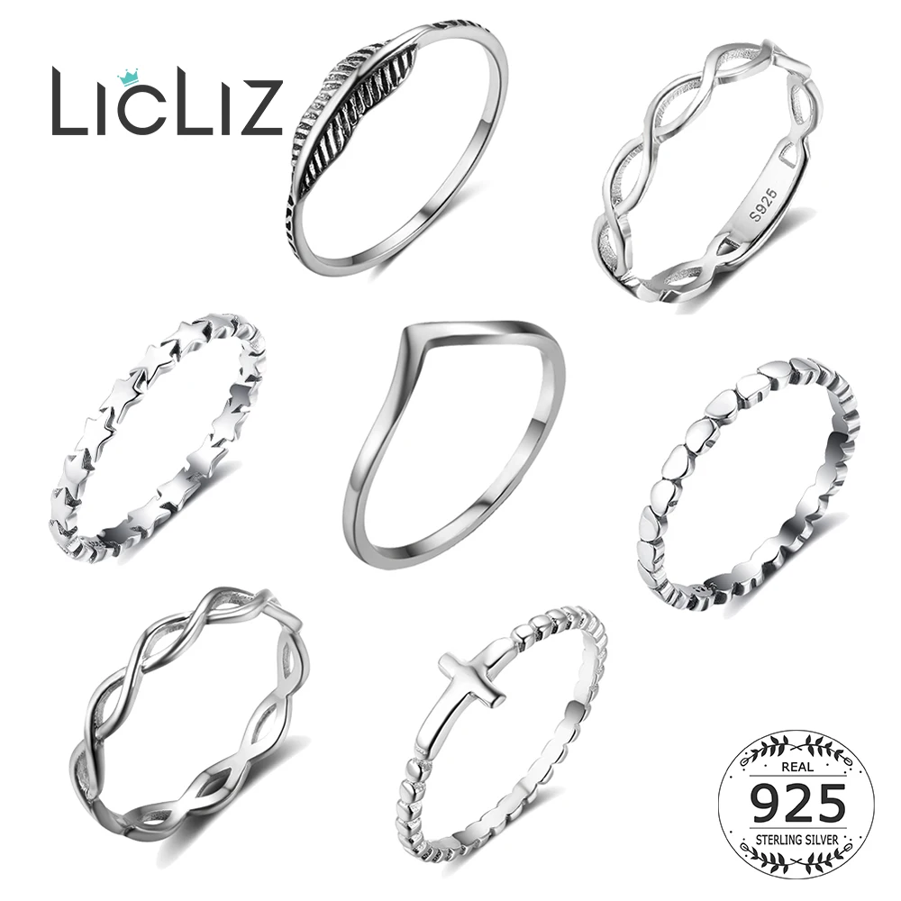 LicLiz 2022 Simple 925 Sterling Silver V Shape Rings for Women Heart Star Leaf Braided Band Silver Jewelry Joyas De Plata LR0470