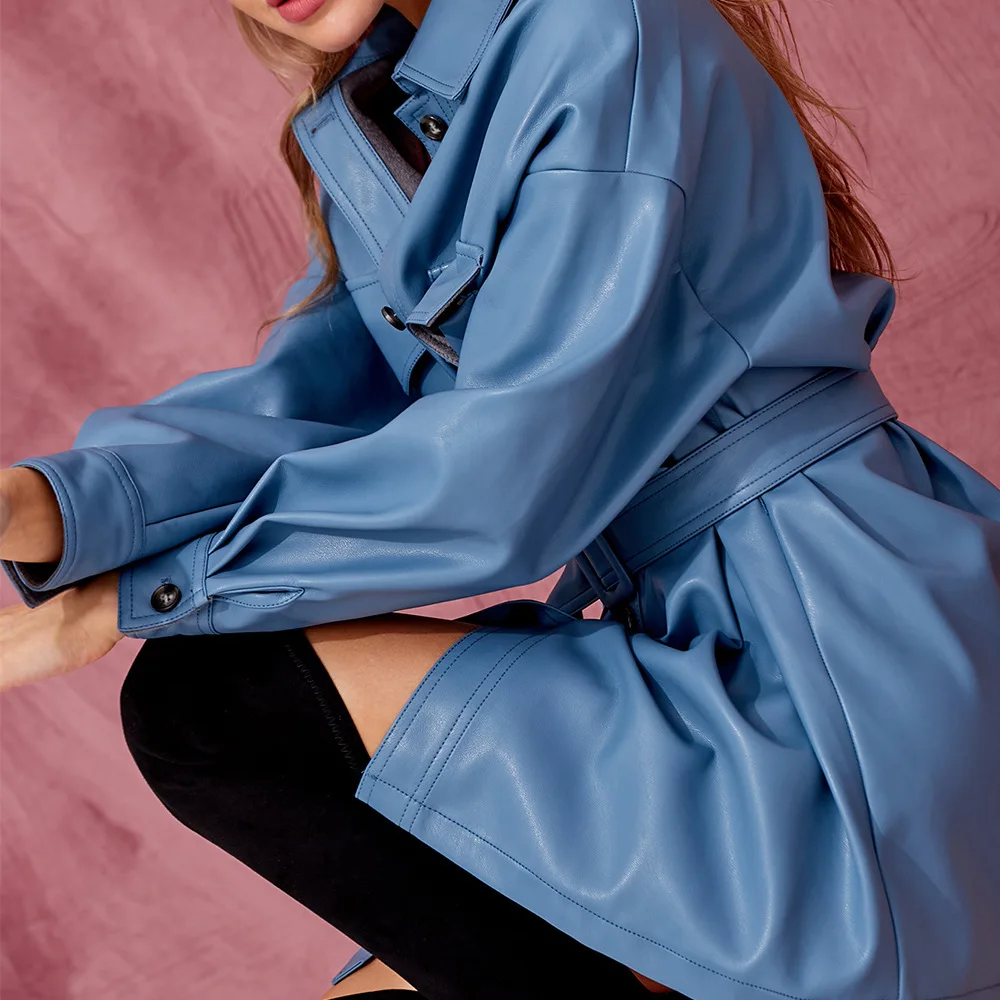 Luzuzi/короткое платье из искусственной кожи синего цвета с поясом женская уличная