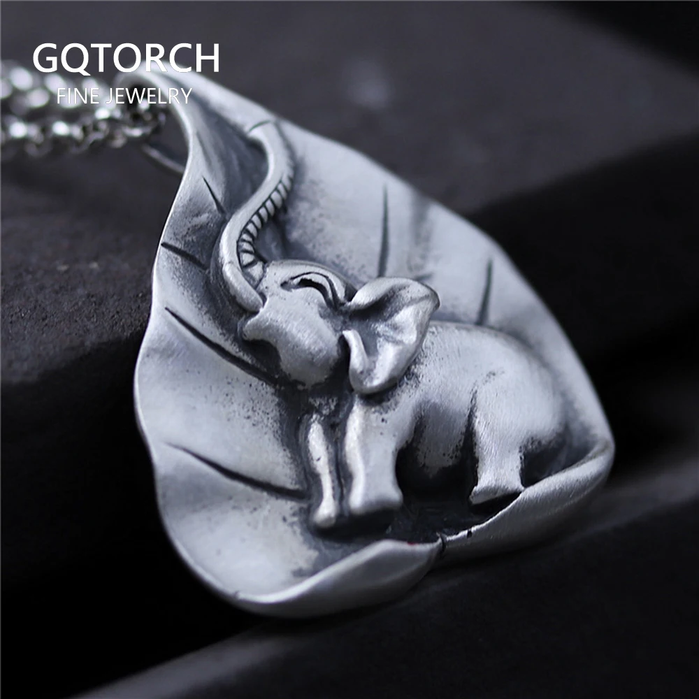 Ожерелья и кулоны слон с листом Настоящее чистое серебро 990 пробы винтажный Будда