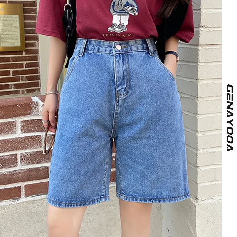 

Genayooa Vintage Biker Shorts Women Casual Loose Hight Wasit Shorts Korean Plus Size Blue Denim Shorts Oversize Jeans Women 2021