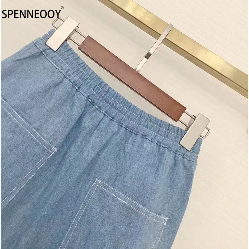 SPENNYMOOR Designer Brand Summer Denim Shorts Women Elastic Waist Letter Embroidery Casual Shorts