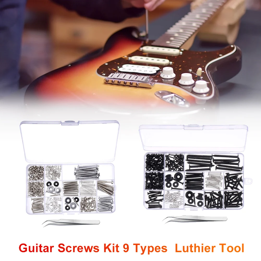 

Guitar Screws Kit 9 Types Luthier Tool with Tweezers for Electric Guitar Bridge, Pickup, Pickguard, Tuner Pegs, Switch, Springs
