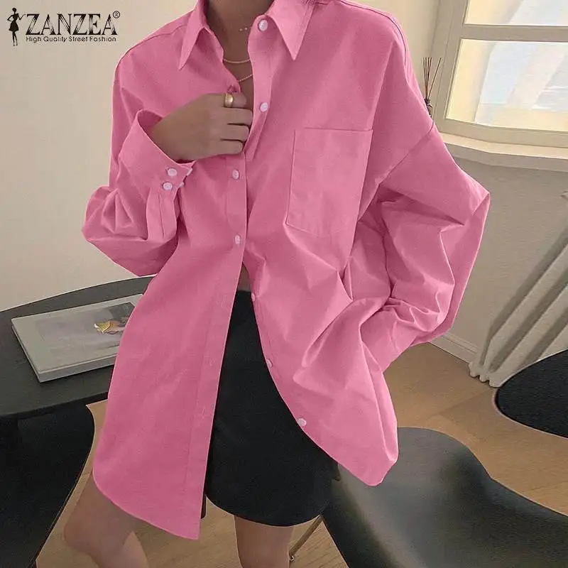 

ZANZEA Women Tops Polyester Autumn Korean Style Blusas Ladies Sexy Turn-Down Neck Chemise Long Sleeve Leisure Loose Blouses