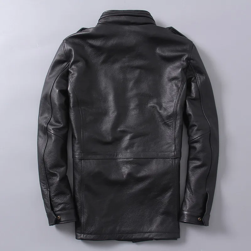 Мужская кожаная куртка в стиле милитари черная длинная зимняя из натуральной