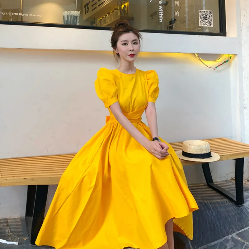 

Women Bow Puff Sleeve Solid Vintage Long Dresses Summer French Sweet Temperament Female Dress Fashion Multicolor A-Line Vestido