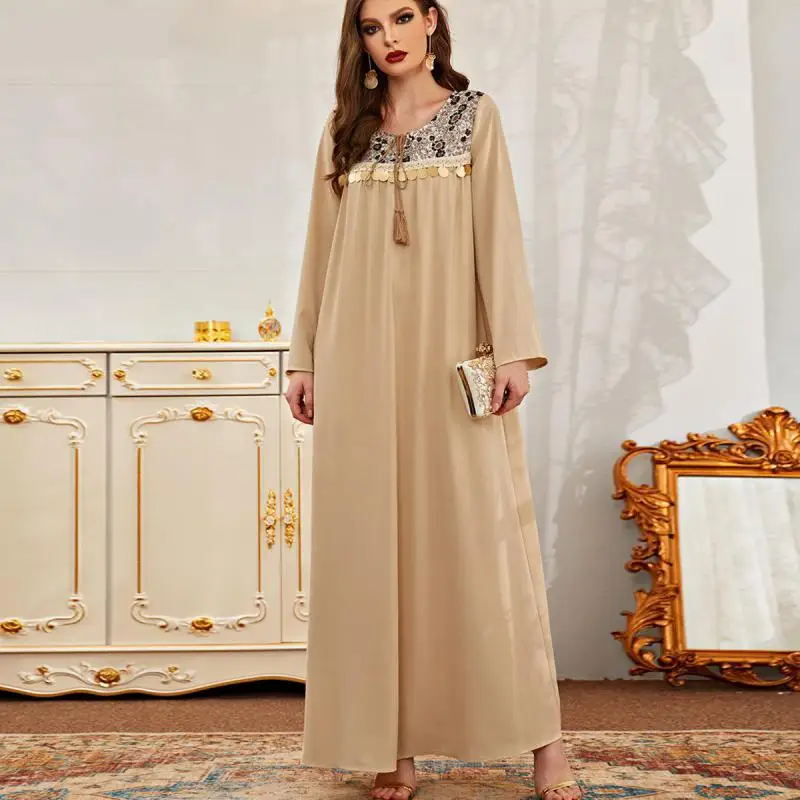 

Muslim Oversized Temperament Long Skirt Round Neck Solid Color Embroidered Sequined Fringe Slimelegant Elegant Dress Dubai Robe