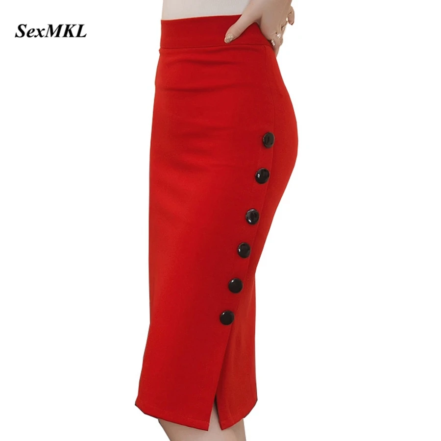 

FAKUNTN Plus Size 2021 Fashion Women Work Midi Skirt OL Sexy Open Slit Button Slim Pencil Skirt Elegant Office Ladies Skirts