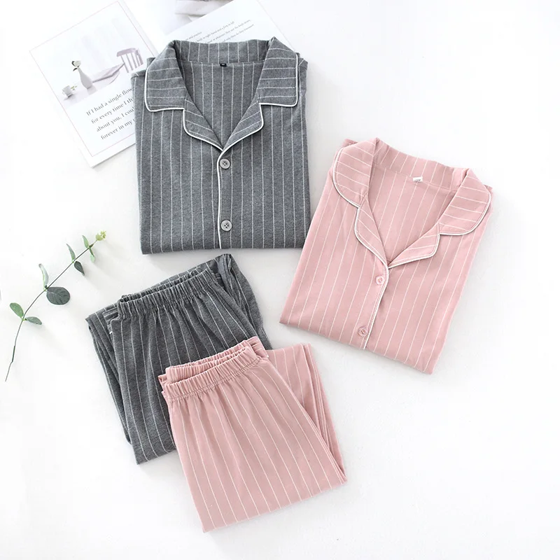 

Fdfklak Srtiped Couple Pajamas Set Women Man Pijama Cotton Pair Pajamas Couple Sleepwear Night Suits Female Male Home Wear