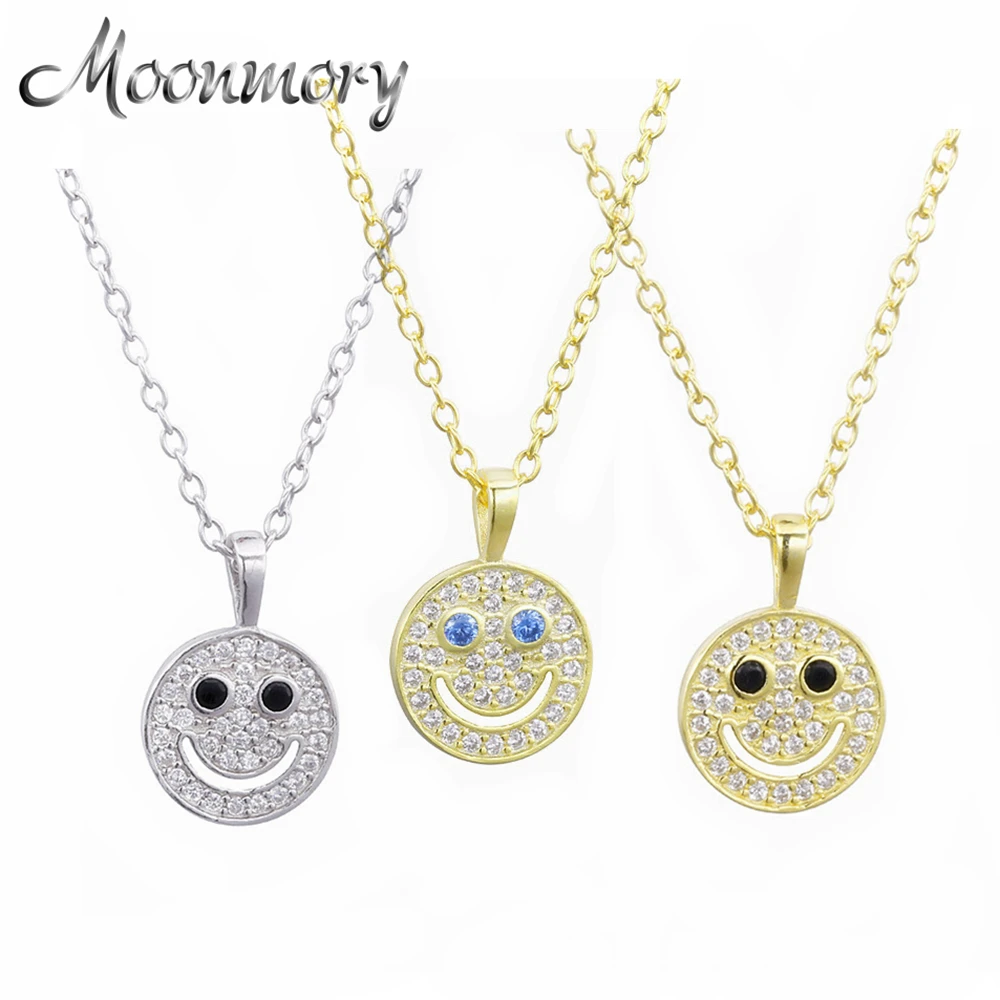 

Moonmory Fine Jewelry 925 Sterling Silver Simple Lucky Smile Pendant Necklace Long Chain Wedding Necklace With Extend Chain