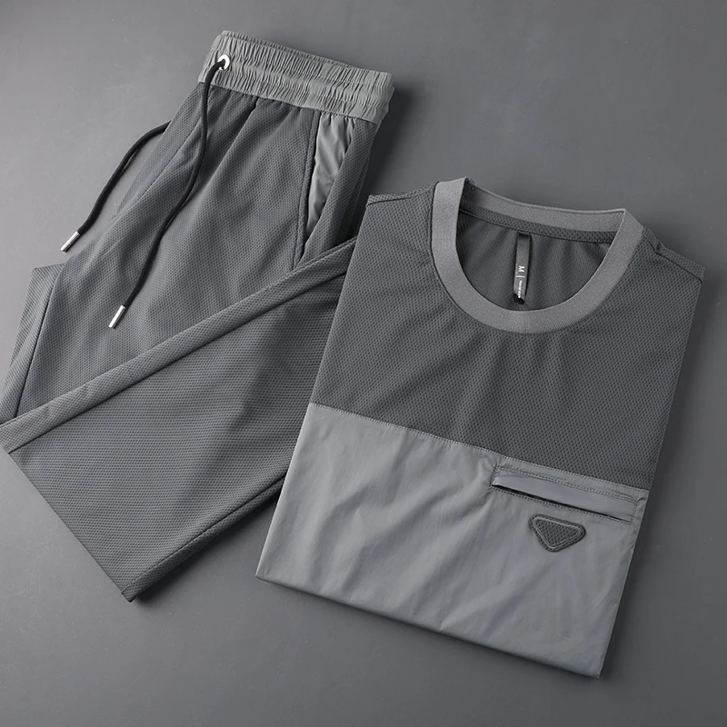 

Новый Летний Шелковый Простой Высококачественный тонкий шелковистый Гладкий двухцветный мужской спортивный костюм для отдыха веревка два...