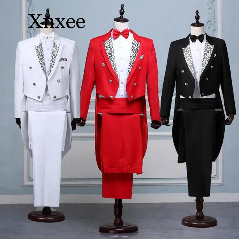 

Men Formal Tuxedo Suit Set Classic Black White Red Tailcoat Tuxedo Fashion Suits Men Prom Stage Costume