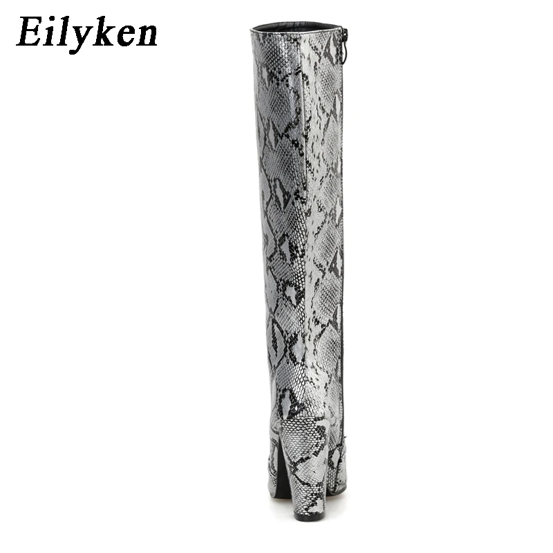 Eilyken; коллекция года; зимние сапоги до колена; пикантные сапоги из змеиной кожи; женские сапоги на высоком квадратном каблуке с острым носком на молнии