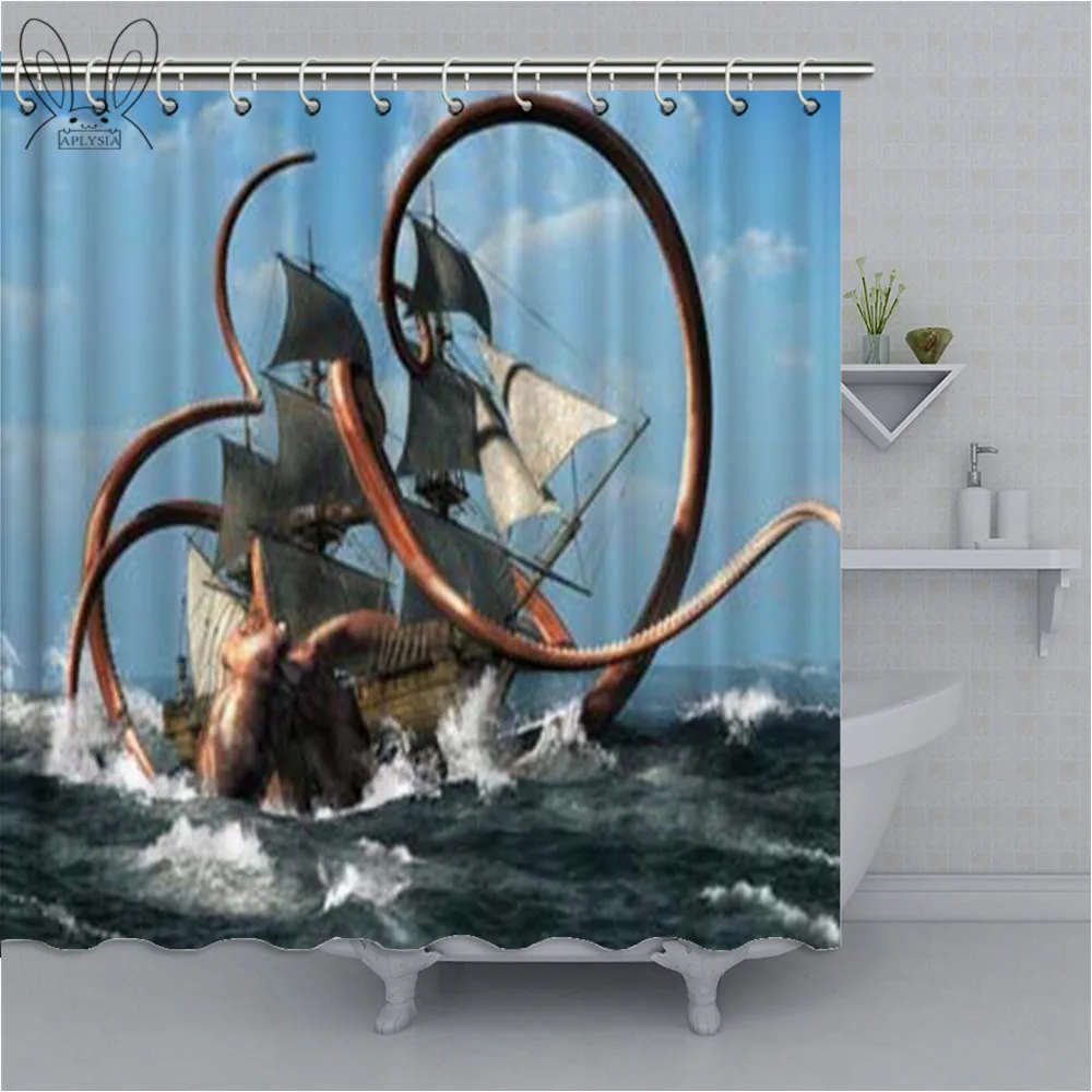Custom Kraken Octopus Boat Waterproof Shower Curtain Polyester Fabric Curtains Bathroom Decor With Accessories | Дом и сад