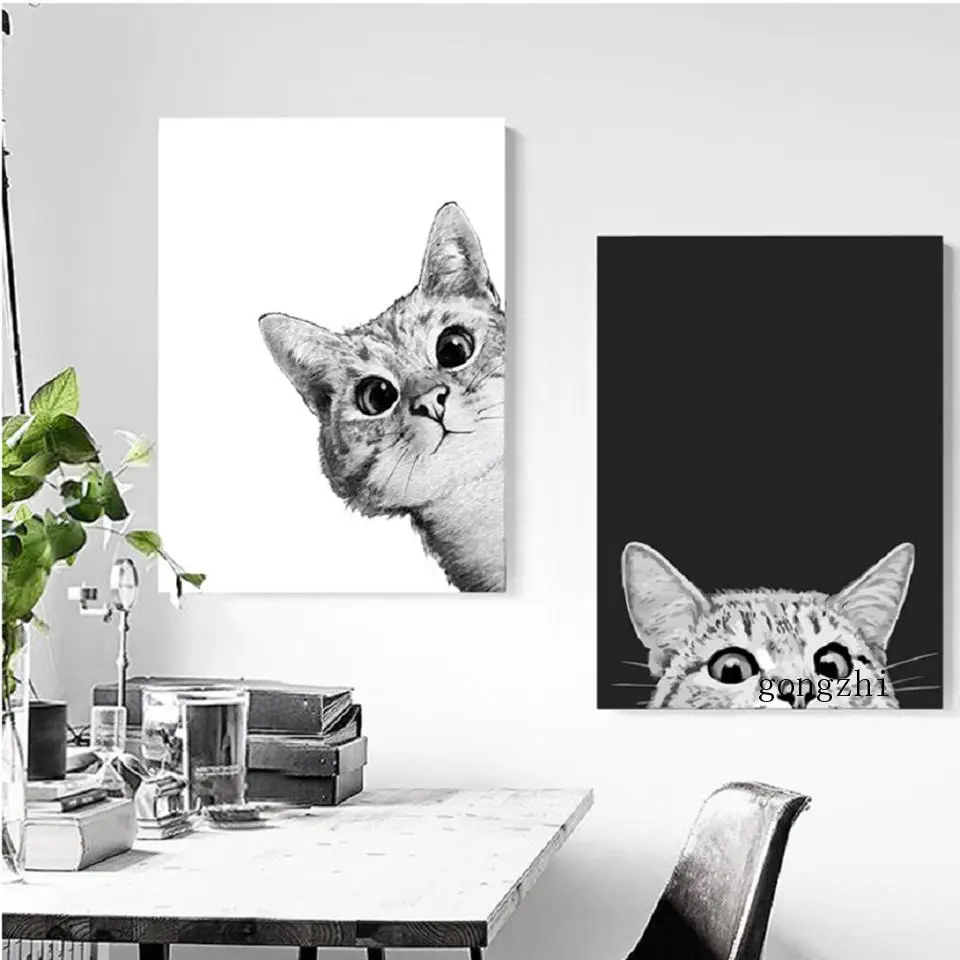 

Cartoon Cute Cat Canvas Painting Abstract Lines Cat Wall Art Poster Modern Animal Modular Pictures Home Decor Children's Room