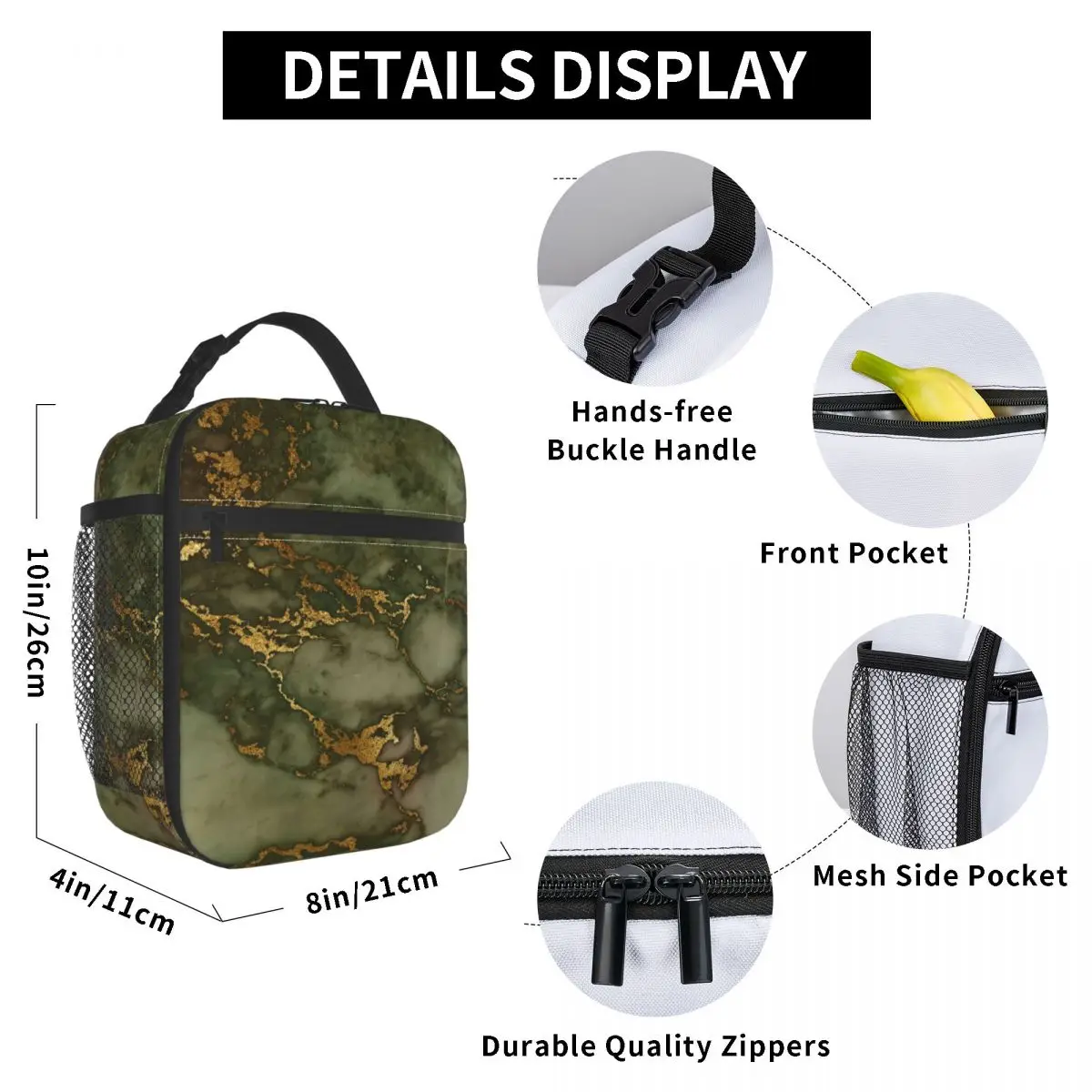 

Luxury Green And Gold Marble Lunch Bag for Women Men Large Insulated Lunch Box with Water Bottle Holder and Pockets
