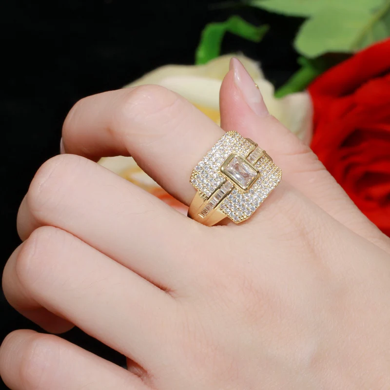 CWWZircons Monaco роскошное 585 Желтое золото зеленый CZ Кольцо для женщин обручальное кольцо Дубай панк свадебные кольца R148