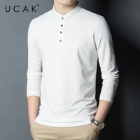 ucak brand new fashion solid color casual silk t shirt men clothes spring autumn streetwear mandarin collar tshirt homme u5363