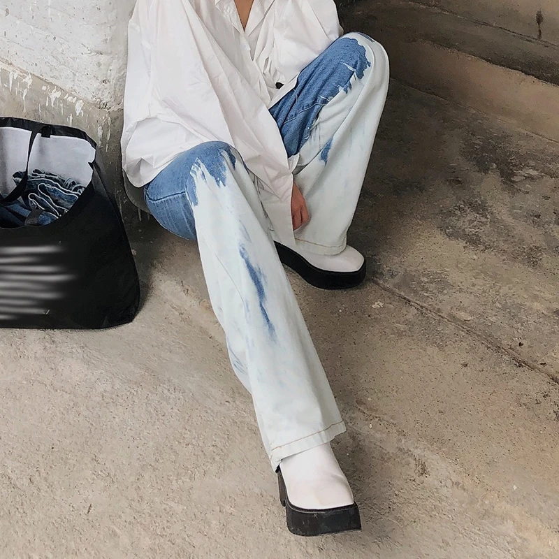 

SISPELL Hit Color Denim Pants For Female High Waist Loose Casual Women's Straight Wide-leg Pants Fashion Autumn Tide 2020