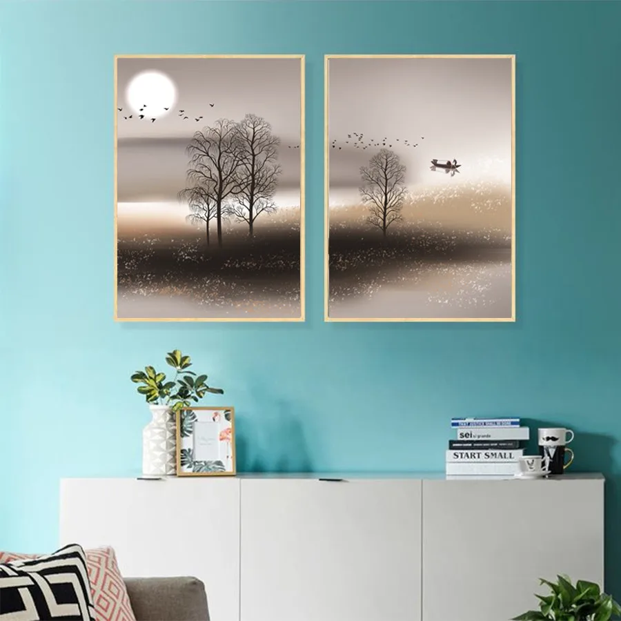 

Abstract Painting Landscape Animal Canvas Painting Deer Bird and Small River Ship Tree Hd Poster Print Home Wall Decoration