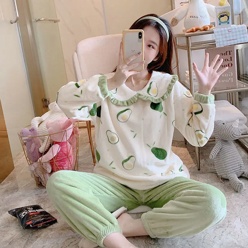 

Thickened Coral Velvet Pajamas Women's Long Sleeve Flannel Autumn and Winter Home Wear Plus Plush Women's Warm Two Piece Set