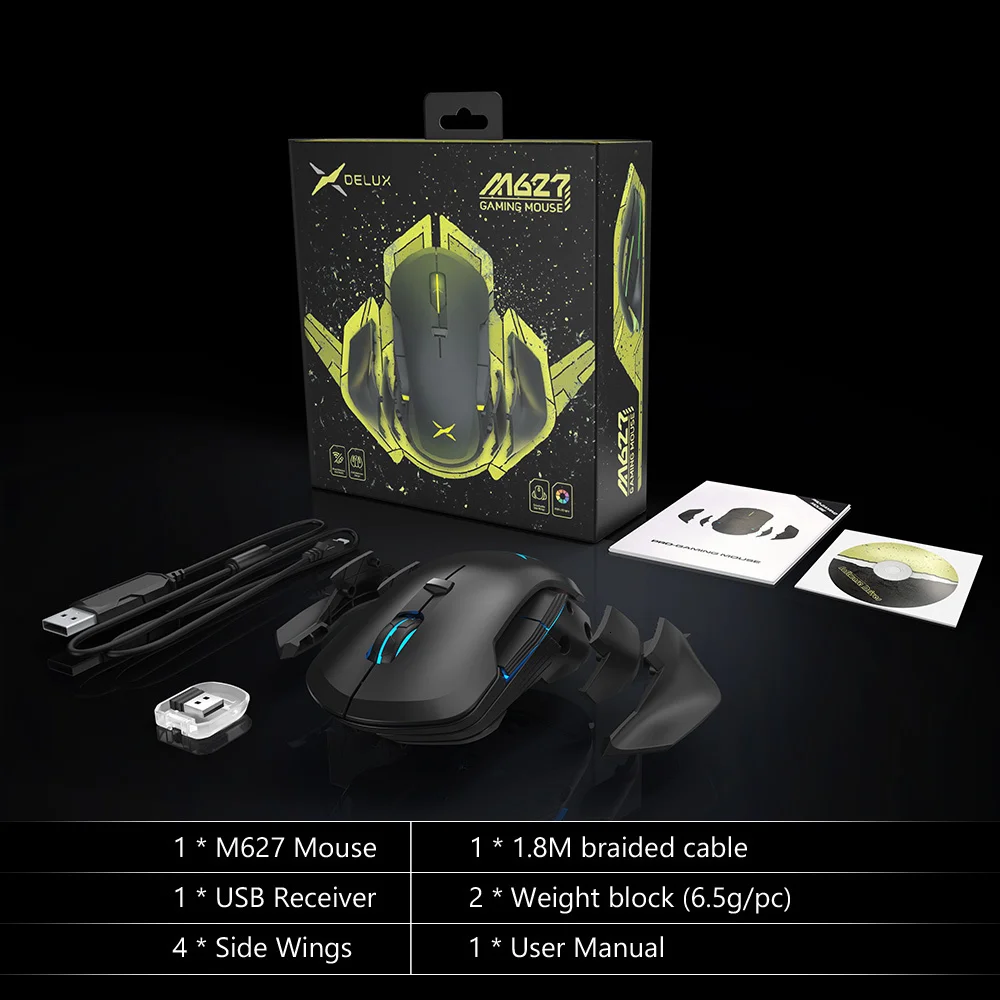 

Delux M627 PMW3389 Wireless + Wired Dual Mode RGB Backlit Gaming Mouse 16000 DPI 8 Buttons USB Optical Computer Game Mice For PC