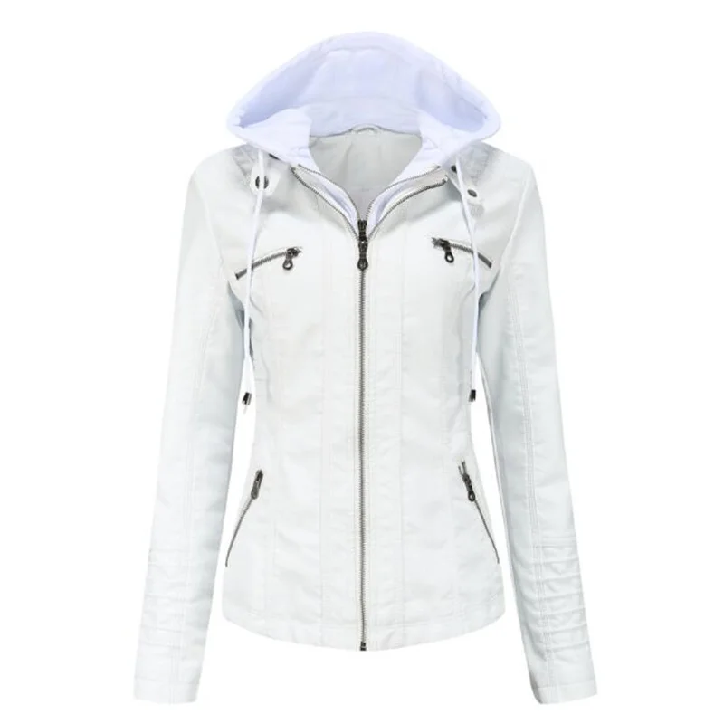 Hooded leather jacket womens black two-piece detachable large size female spring autumn PU washed leather European and American