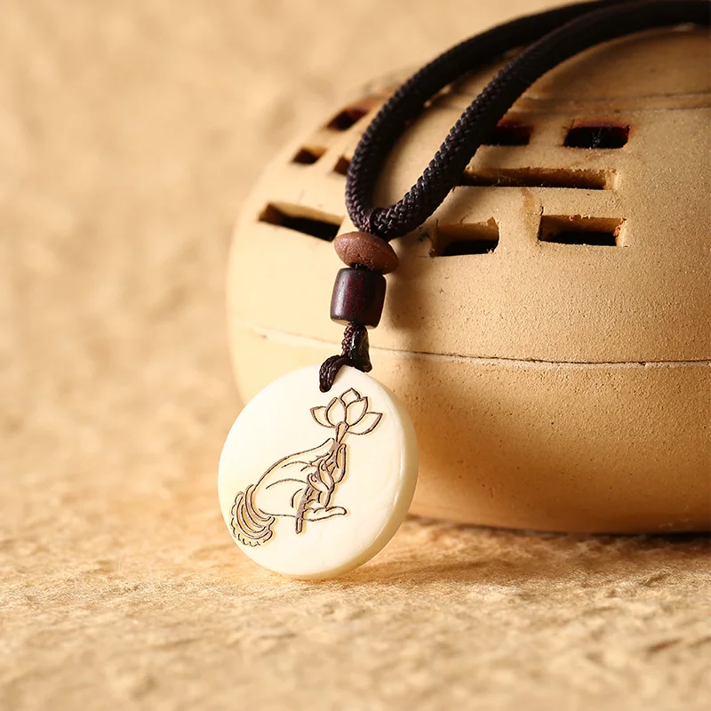 

Simple Long Rope Necklace Carved Buddha Hand Lotus Tagua Nut Pendant Necklace Buddhism Amulet Necklace Spiritual Jewelry