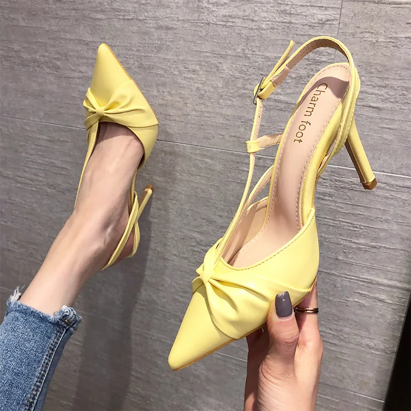

2021 Fashion Sexy Party Women Sandals Pointed Stiletto Butterfly-knot 9cm High Heels Female Dress Summer Wedding Ladies Shoes