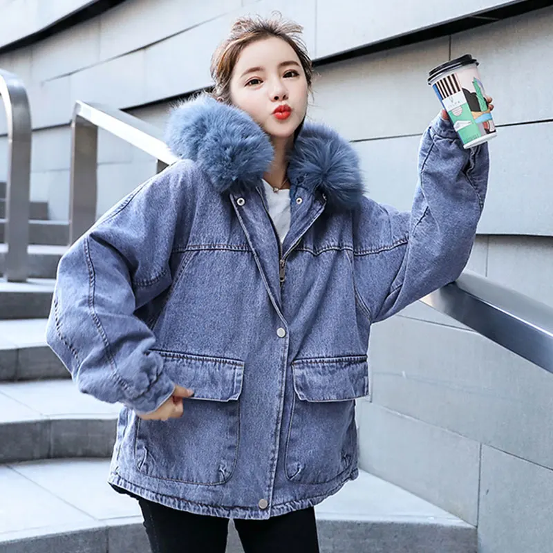 blue Faux fur Зимняя женская джинсовая куртка с натуральным мехом, корейский мягкий теплый шерстяной подклад куртки, парка, модное женское зимнее пальто, парки Mujer - Цвет: blue Faux fur