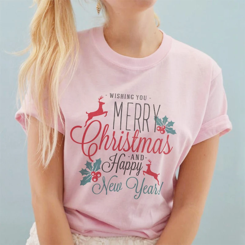 Рождественская футболка с принтом для женщин 2019 милая розовая в стиле Харадзюку