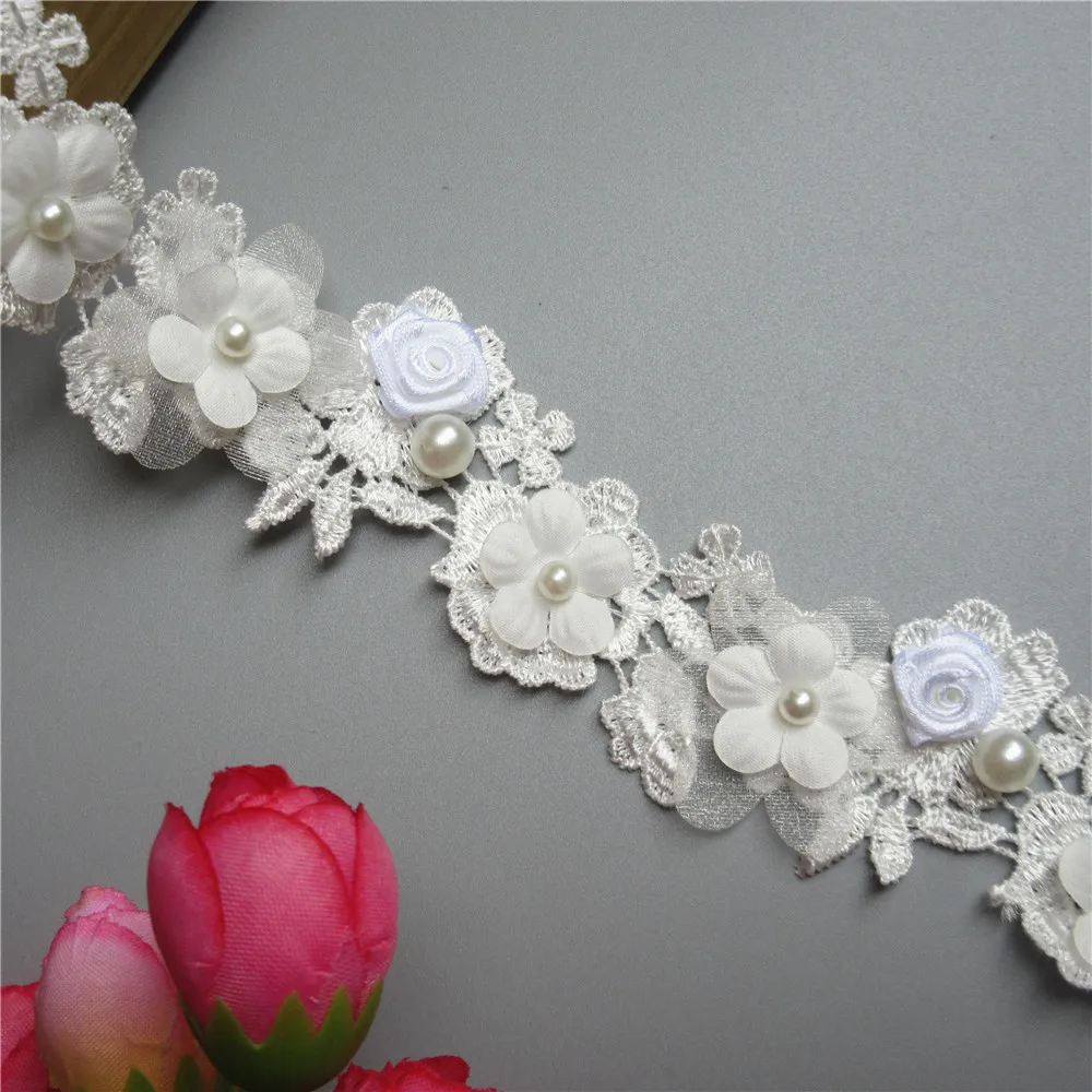 1 ярд Белый многослойный вышитый цветок розы кружевная отделка края Лента ткань