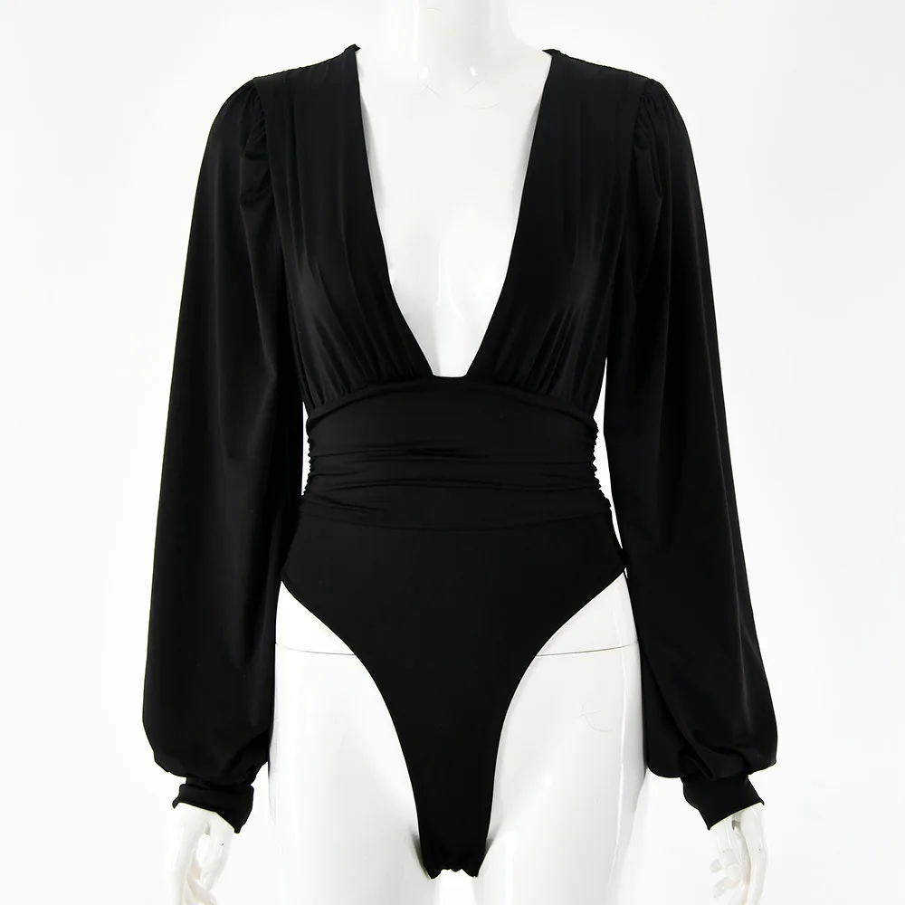 

Sexy Bodysuit Long Sleeve Deep V Elastic Skinny Bodysuit Women Spring Autumn Slim High Waist Solid White Black Casual Body Tops