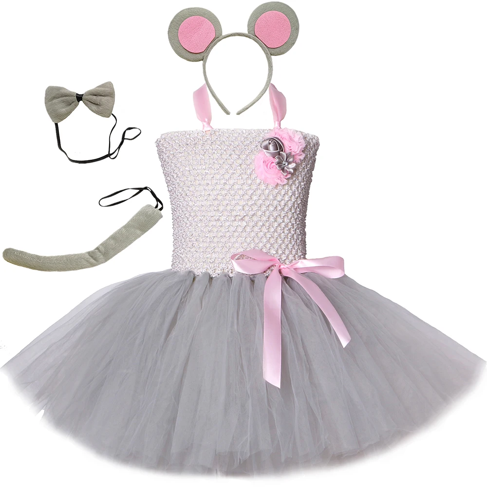 Платье-пачка с серым и розовым принтом мышь до колена | Детская одежда обувь