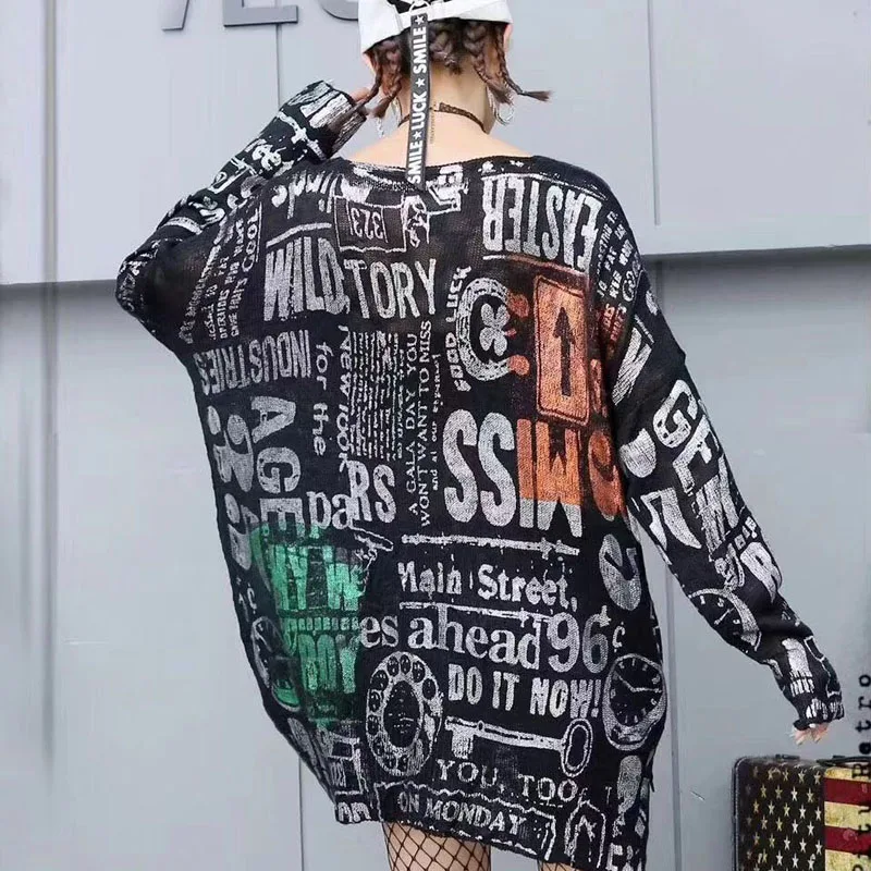 Street wear Letter Printed Long Knitted Wear Tops Women Metallic Color V neck Sweater Plus Size Loose Tunic | Водолазки