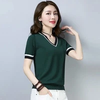 2021 summer green v neck short sleeve women sweaters striped knitted ladies white pullover thin casual cotton elastic black tops