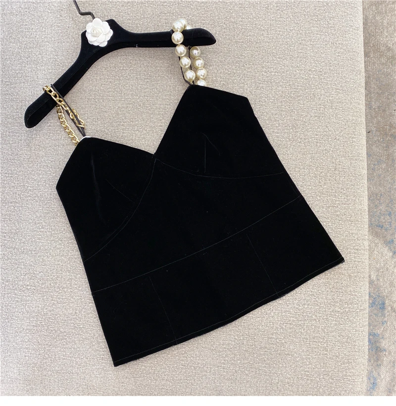 Sexy Top Women's Pearl Gold Chain Shoulder Strap Black Slimming Velvet Vest Camisole Tank Black