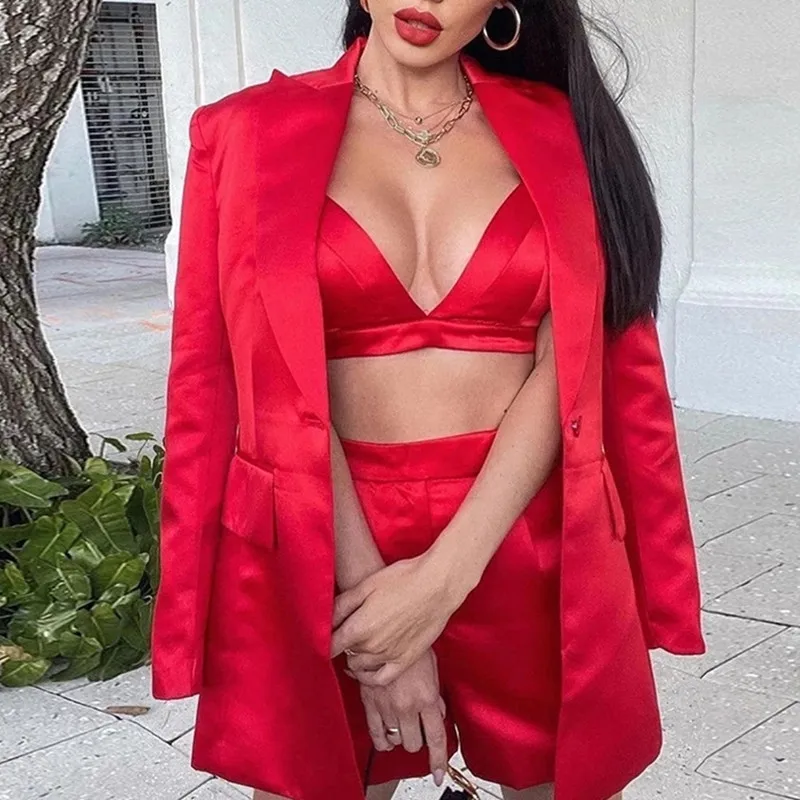 

2021 New Women Red Blazer 3 Three-Piece Set Lapel Long Sleeve Jacket & Sexy Short Vest & Shorts Women Elegant Set